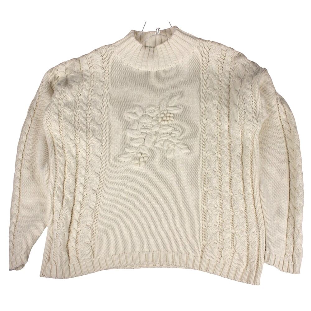 Eddie Bauer Cream Sweater Small Pullover Floral 3D Embroidery Cottagecore - Picture 3 of 11